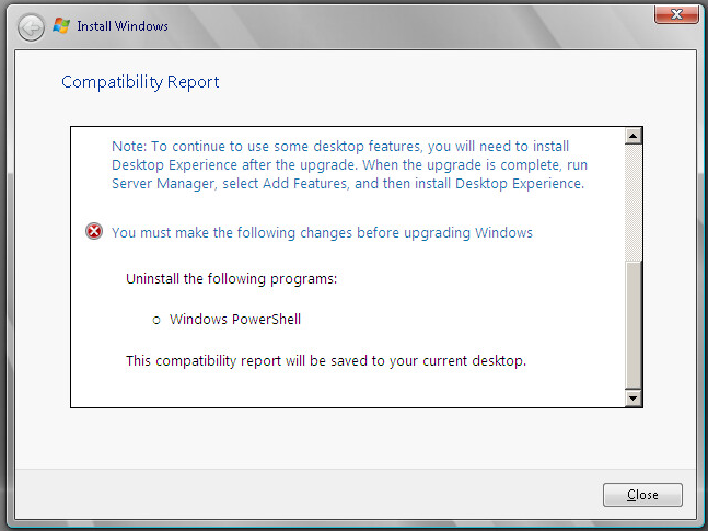 Compatibility Report while upgrading to Windows Server 2008