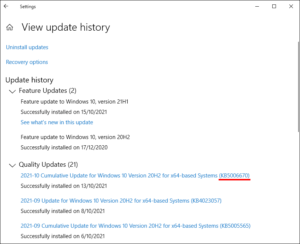 図1.Windows Update 履歴にKB5006670